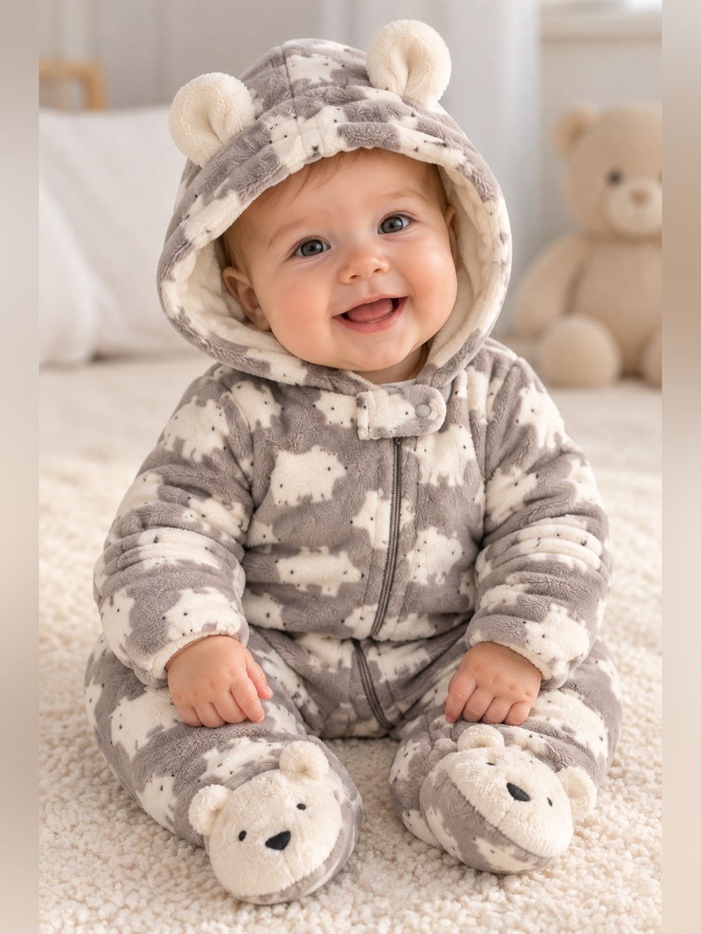 Carter’s Just One You 3M Gray Bear Fleece Hooded Snowsuit Bunting